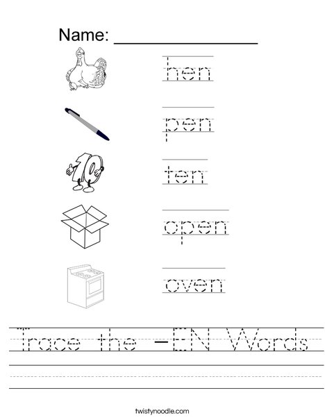 Trace the -EN Words Worksheet - Twisty Noodle