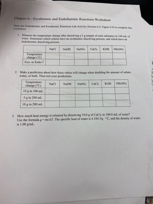 endothermic and exothermic reactions worksheet