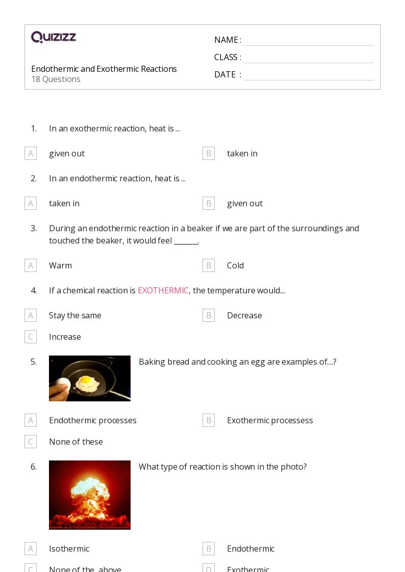 endothermic and exothermic worksheet