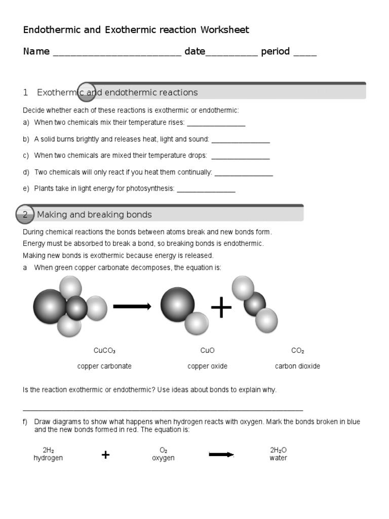 endothermic and exothermic worksheet
