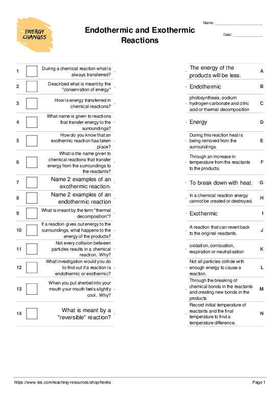 endothermic and exothermic worksheet