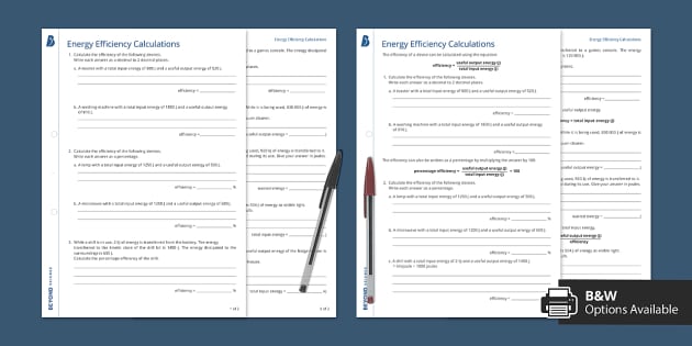 energy calculations worksheet