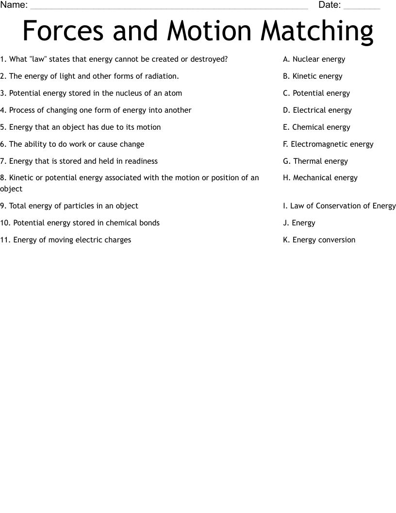 Forces and Motion Matching Worksheet - WordMint