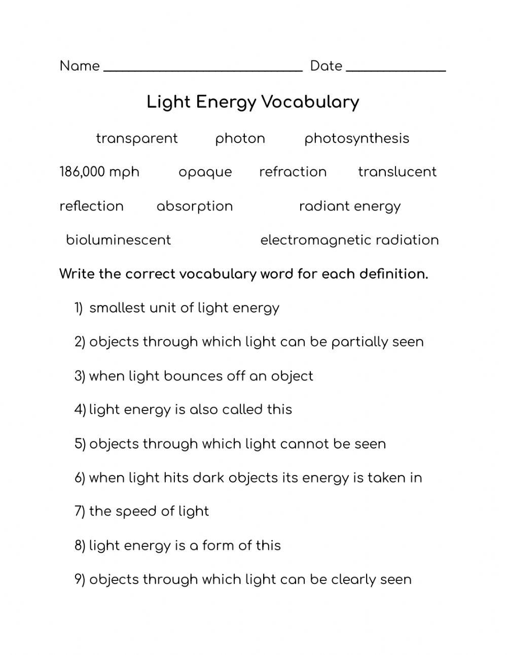 Light Energy Vocabulary worksheet Live Worksheets Worksheets Library