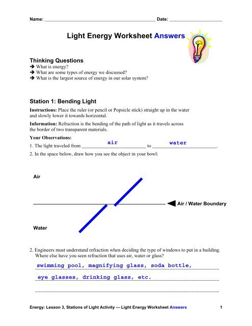 energy worksheet answers