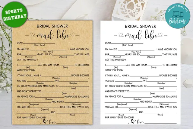Printable Bridal Shower Mad Libs Bridal Shower Game DIY | Bobotemp
