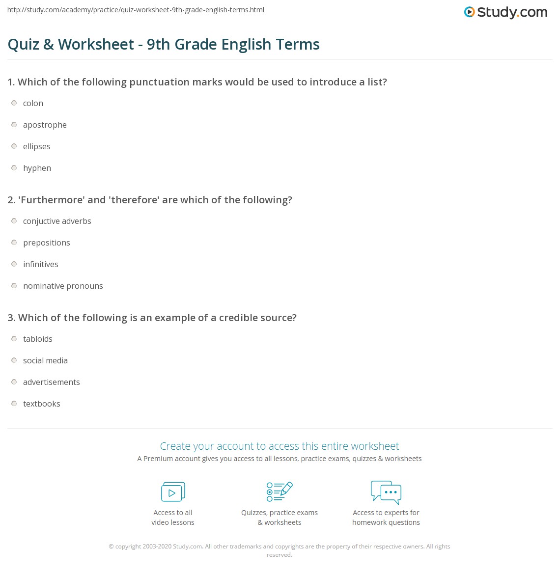 english 1 worksheet 9th grade