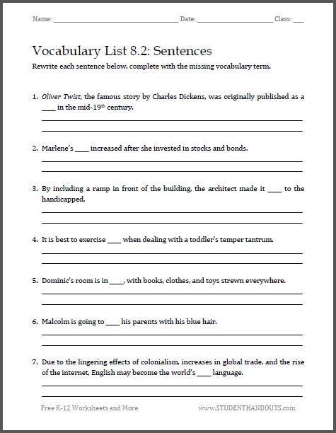 Vocabulary List 8.2: Sentences Worksheet | Student Handouts
