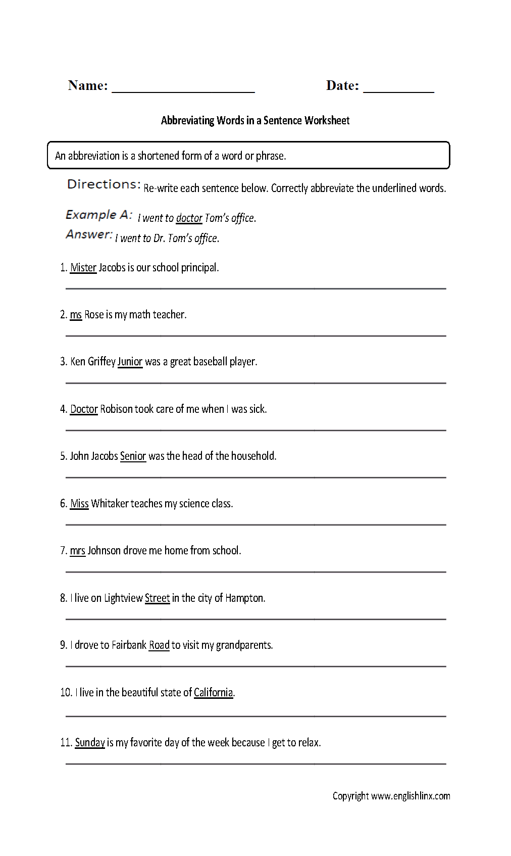 Abbreviations Worksheets | Abbreviating Words in a Sentence ...
