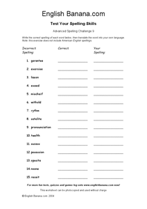 Advanced Spelling Challenge 9 Worksheet for 6th - 9th Grade ...