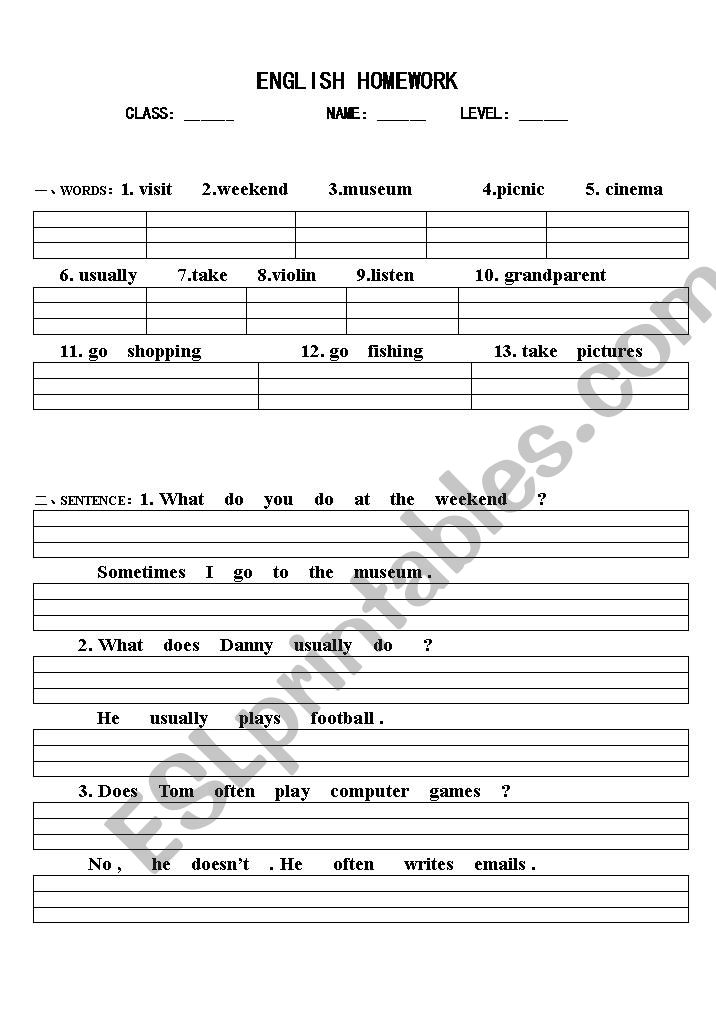 English Worksheets ENGLISH HOMEWORK Worksheets Library