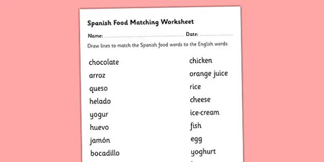 english to spanish worksheet