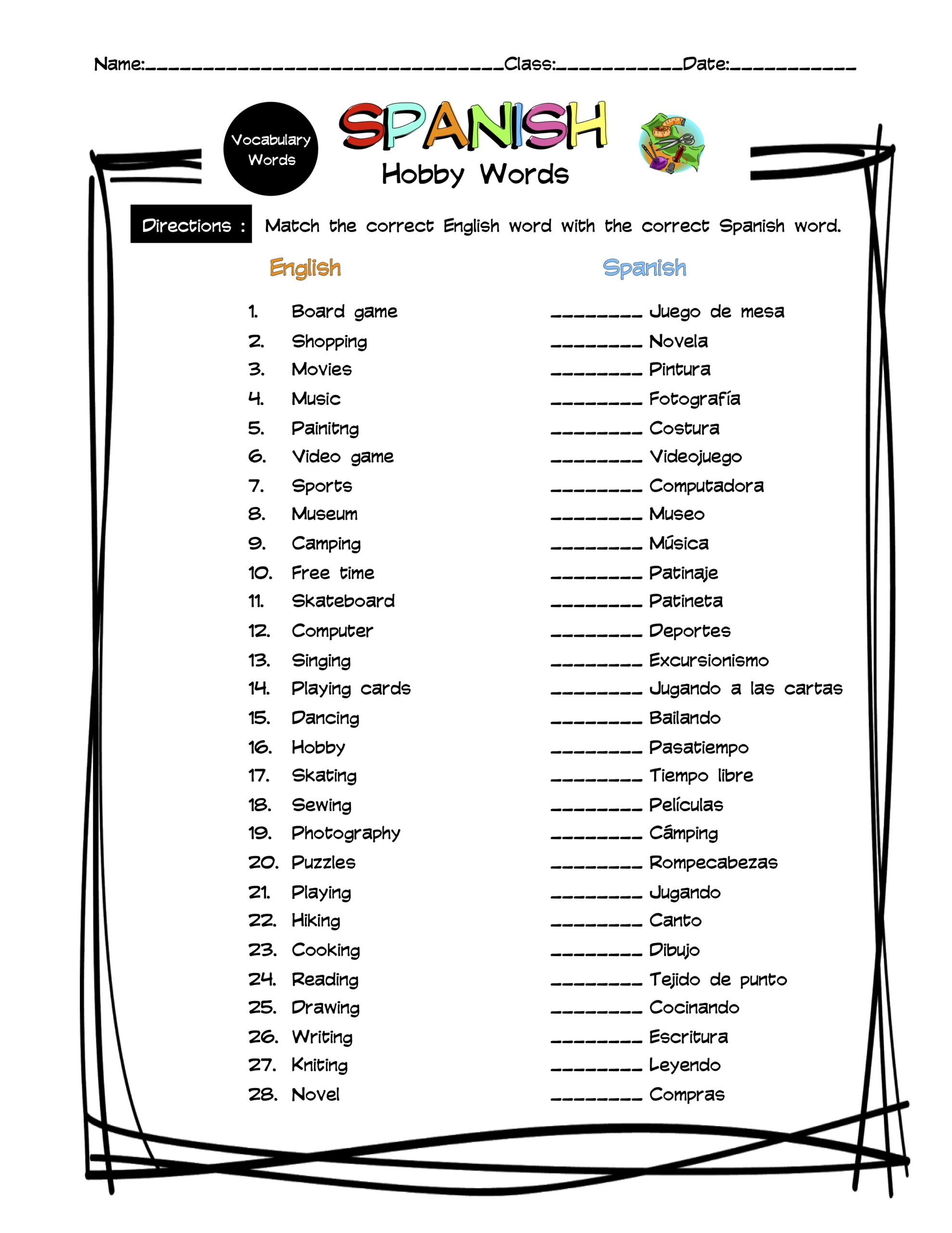 Spanish Hobby Words Vocabulary Matching Worksheet &  Answer Key ...