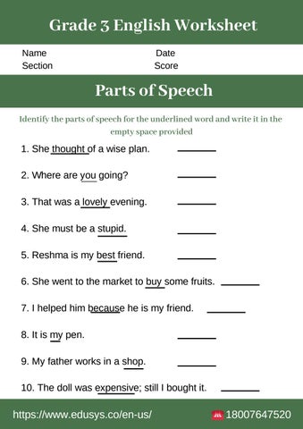 3rd grade english worksheet on parts of speech by nithya - Issuu