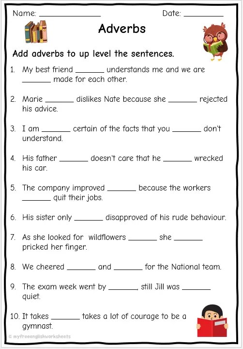Grade 6 &  7 Adverb Worksheets | Free English Worksheets