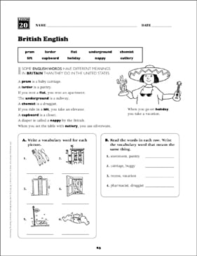 British English: Grade 5 Vocabulary | Printable Skills Sheets