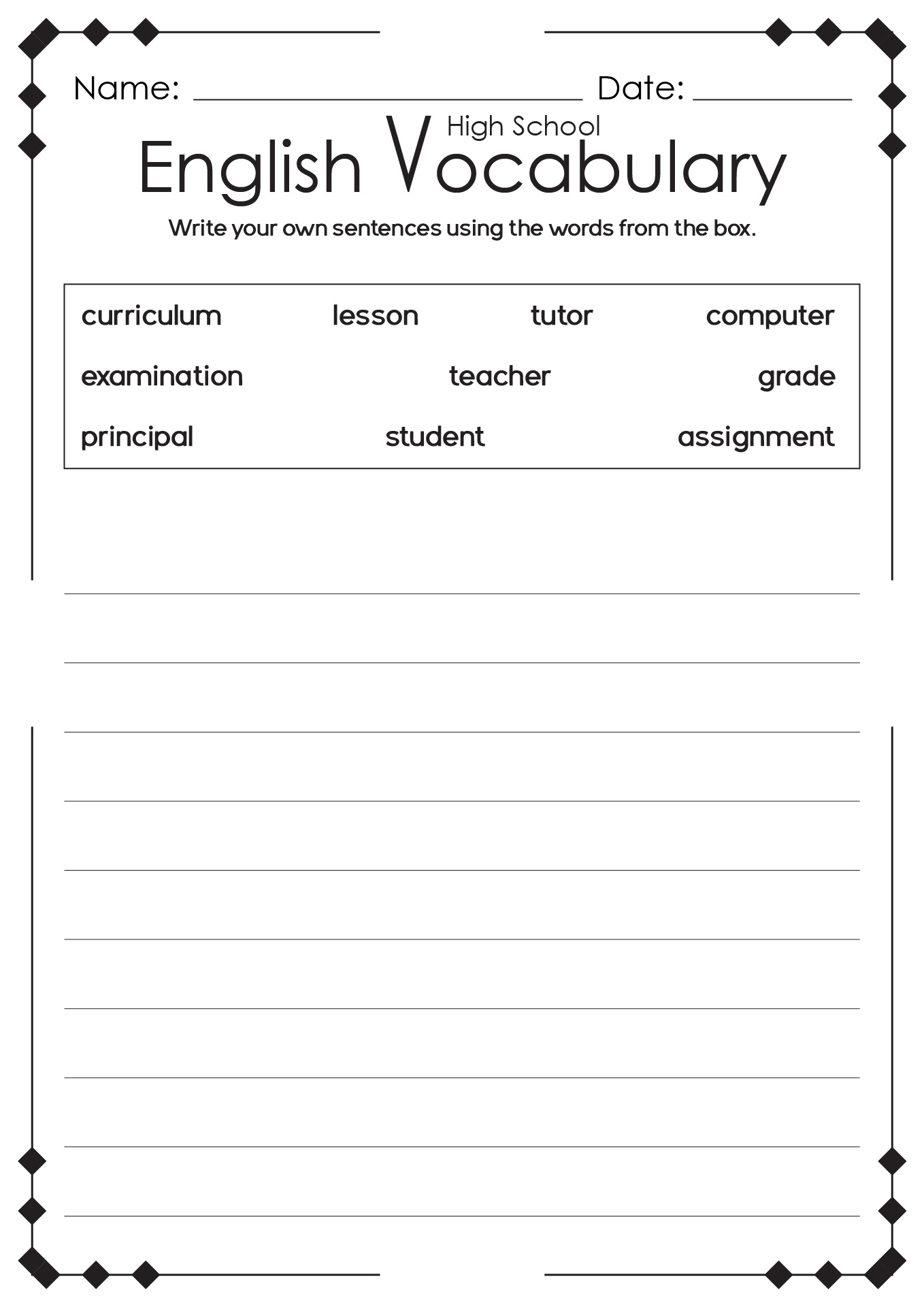english worksheet for middle school