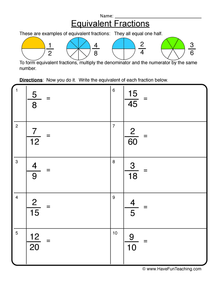 Equivalent Fractions Worksheet - Write  