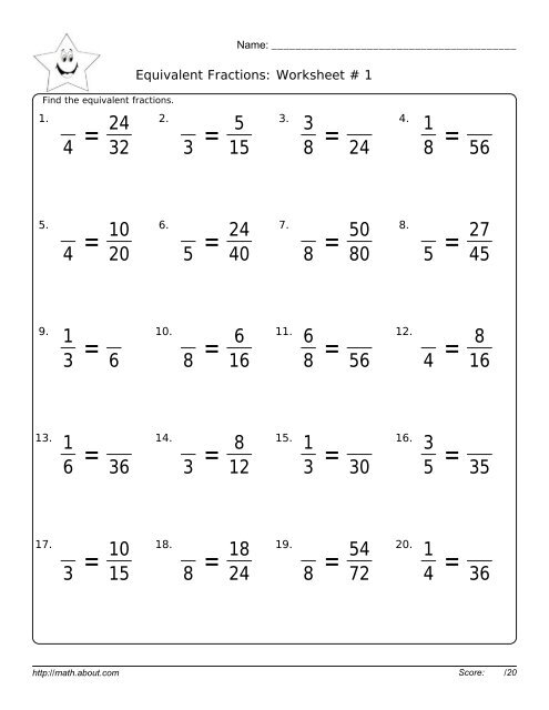 Equivalent Fractions: Worksheet # 1 - Math About