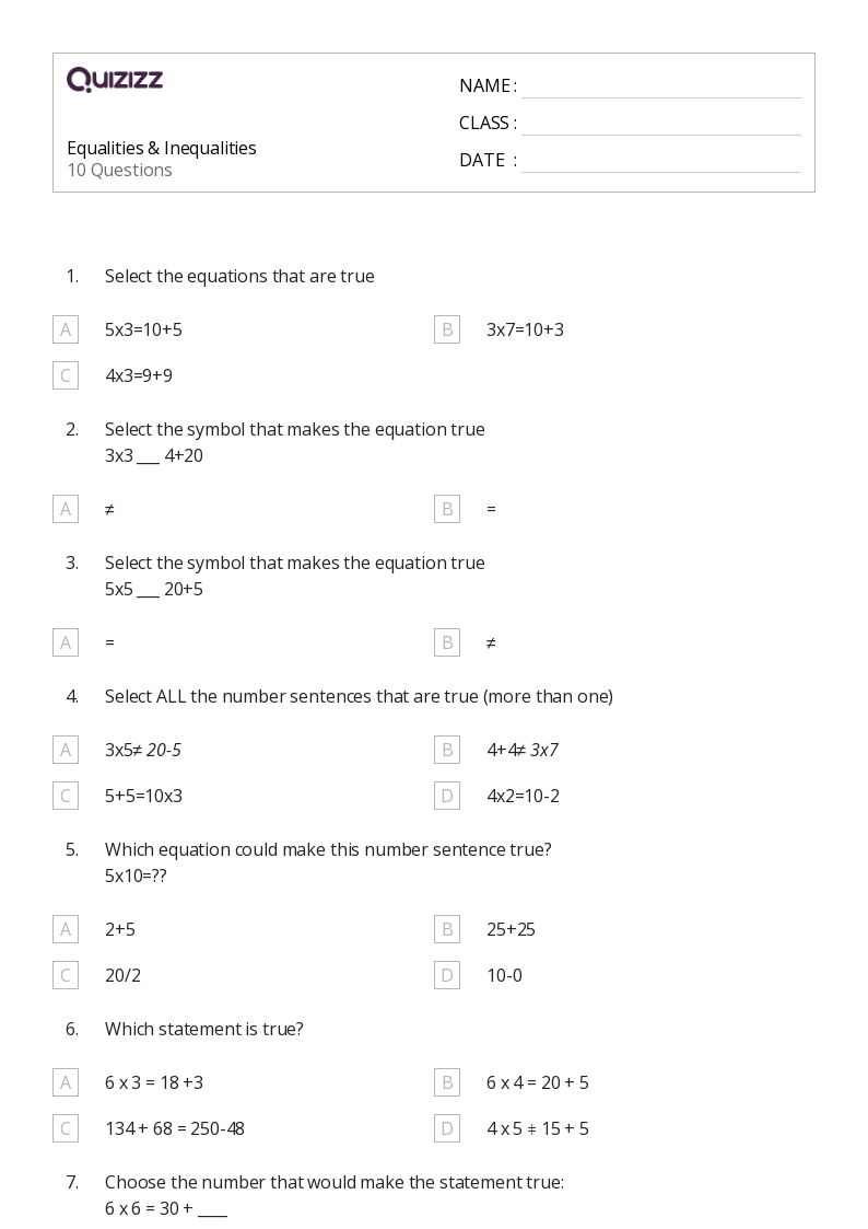 50+ Inequalities worksheets for 3rd Grade on Quizizz | Free ...