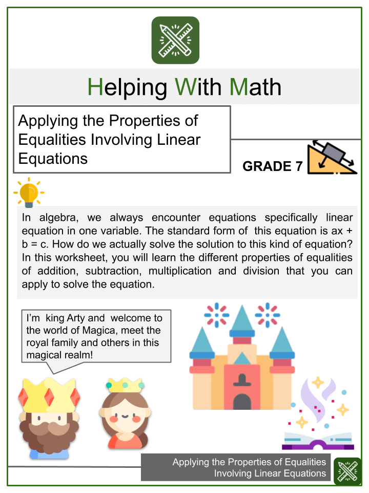 Applying the Properties of Equalities 7th Grade Math Worksheets