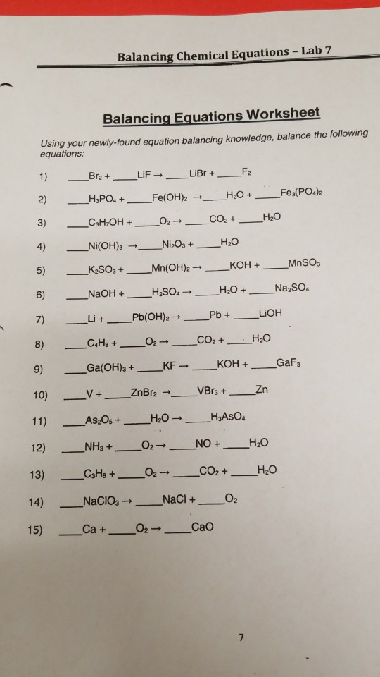 Solved Balancing Chemical Equations - Lab 7 Balancing | Chegg.com ...