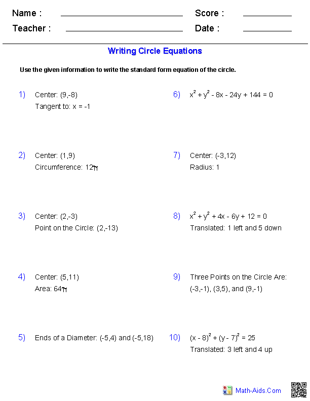 equation of a circle worksheet