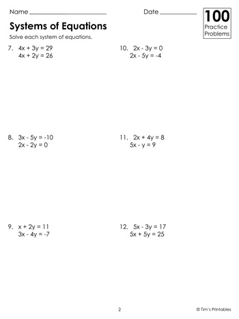 Systems of Equations Worksheets - Medium - Tims Printables