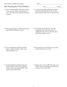 One-Step Equation Word Problems Worksheet for 8th - 9th Grade ...