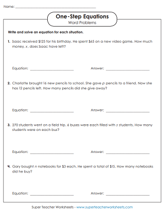 Algebraic Equations (Single Step) - Worksheets