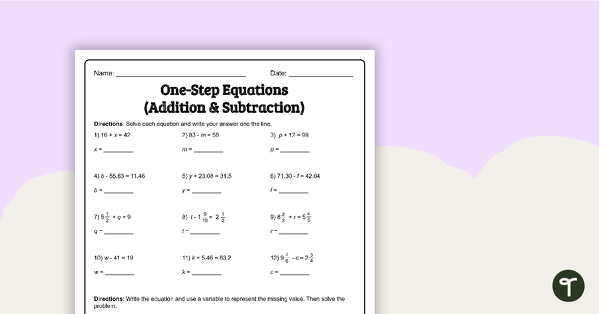 One-Step Equations (Addition and Subtraction) - Worksheet | Teach ...