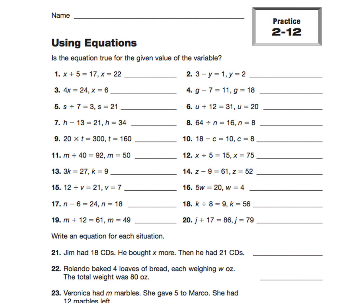 Using Equations Printable (5th - 6th Grade) - TeacherVision