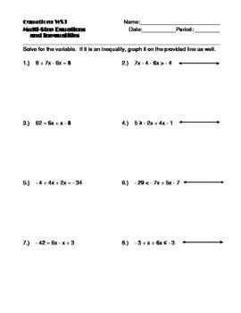 Solve Multi-Step Equations and Inequalities Notes and Worksheet