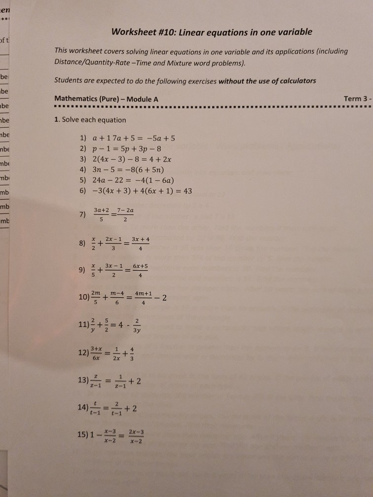 Solved cen *** Worksheet #10: Linear equations in one | Chegg.com