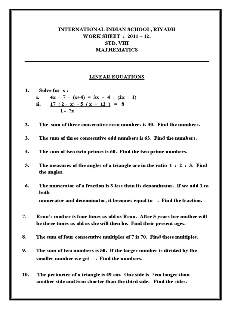CBSE Class 8 Linear Equations in One Variable Worksheet | PDF ...