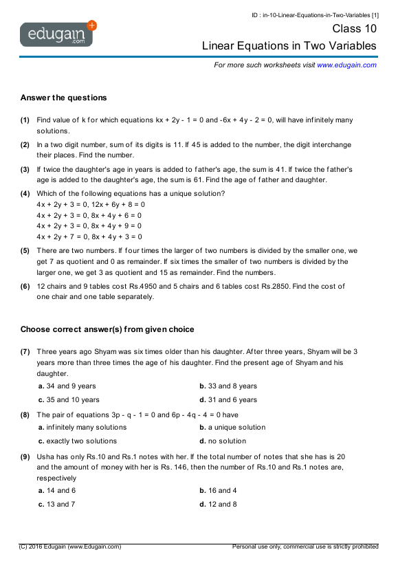 Grade 10 Math Worksheets and Problems: Linear Equations in Two ...