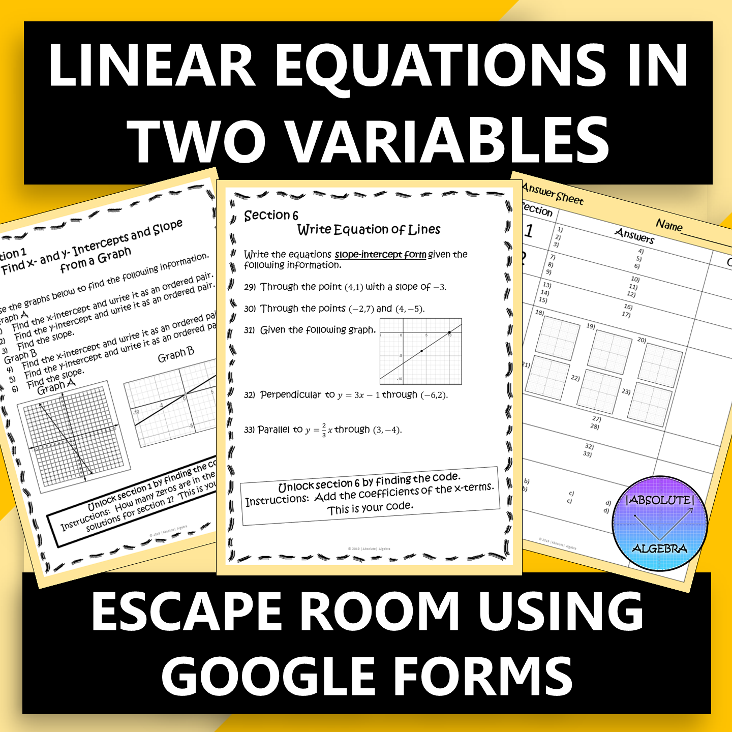 Linear Equations in Two Variables Escape Room Google Forms