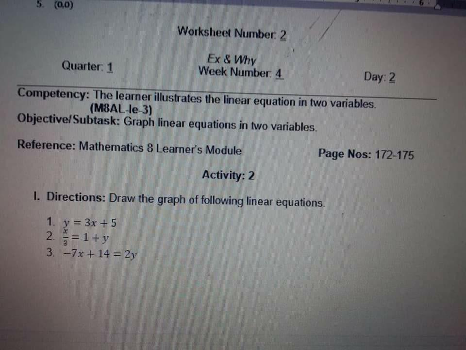 Solved 5. (0,0) Worksheet Number: 2 Quarter: 1 Ex&  Why Week ...
