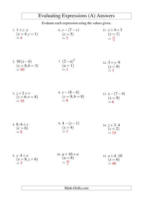 Evaluating Two-Step Algebraic Expressions with Two Variables (A)