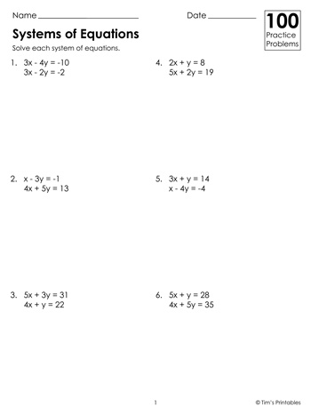 Systems of Equations Worksheets - Medium - Tims Printables
