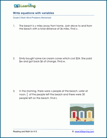 Variables and equations word problem worksheets | Worsheets library