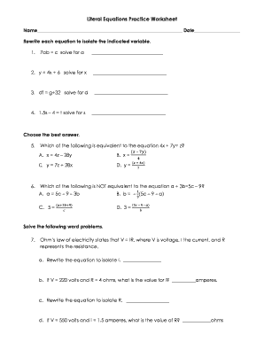 Literal Equations Practice Worksheet - Fill and Sign Printable ...