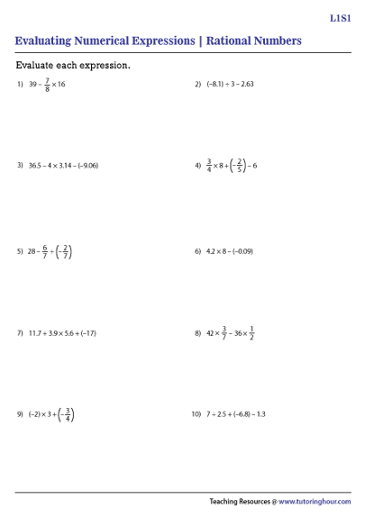 Evaluating Expressions with Rational Numbers Worksheets - Worksheets ...