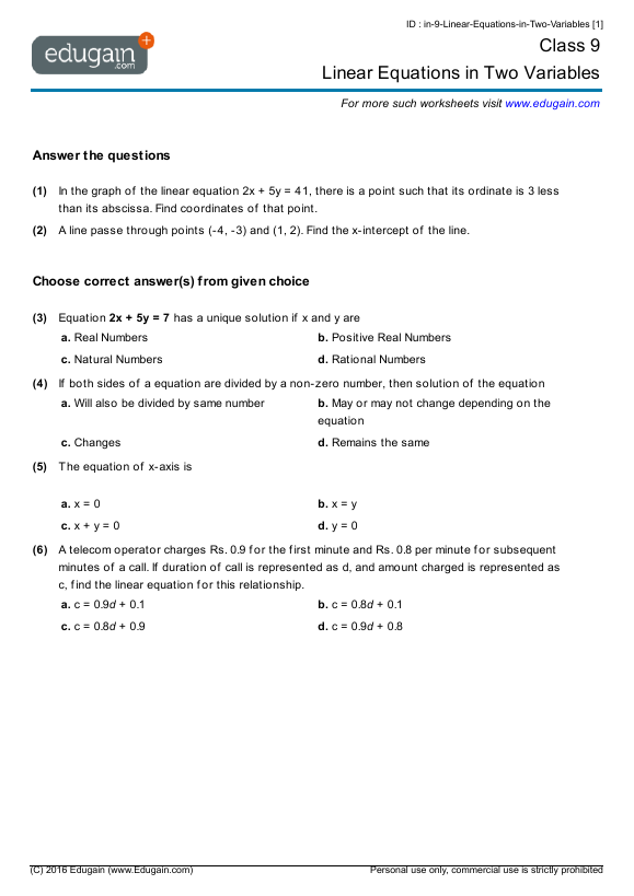 Class 9 Math Worksheets and Problems: Linear Equations in Two ...