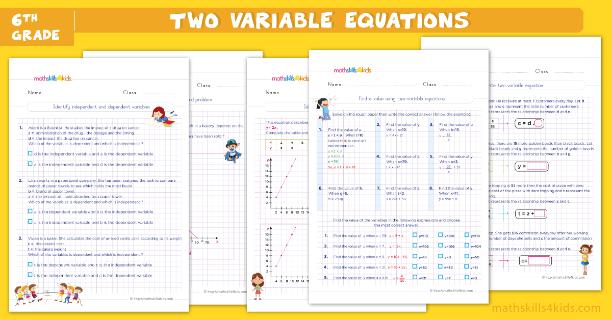 Solving two-variable equations worksheets for 6th Graders