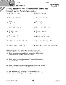Solving Equations with the Variable on Both Sides Worksheet for ...