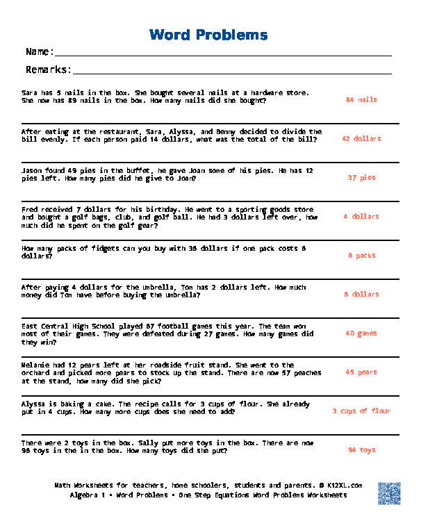 Free Algebra 1 Word Problems worksheets for homeschoolers ...