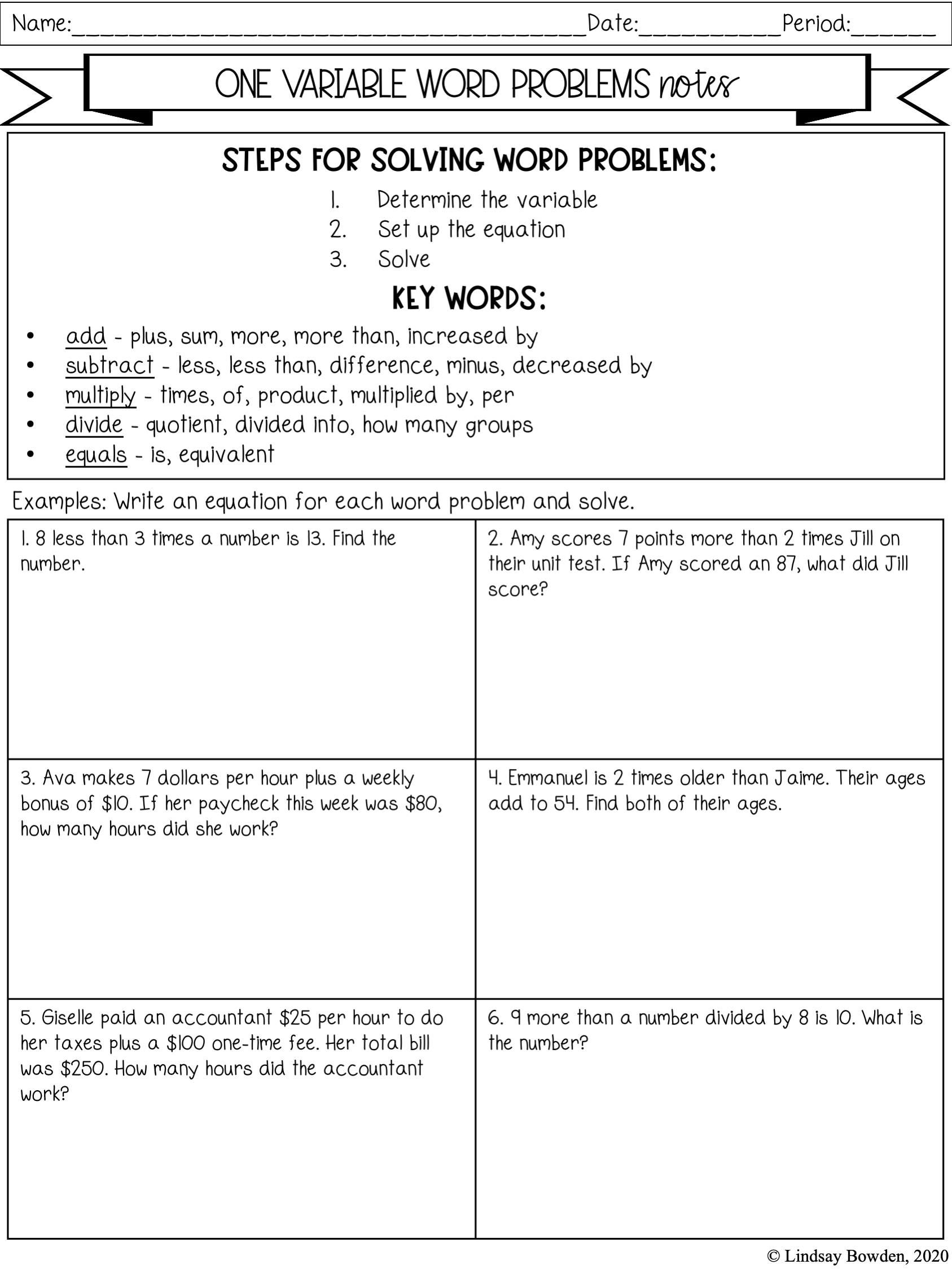 One Variable Word Problems Notes and Worksheets - Lindsay Bowden