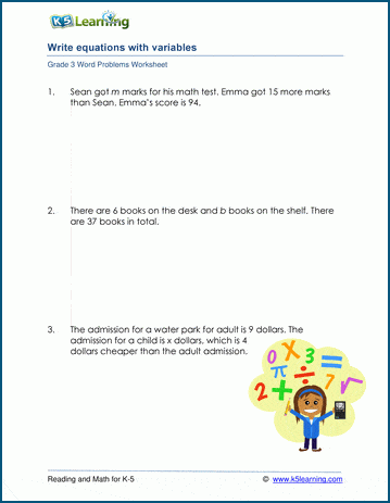 Grade 3 word problems with equations and variables | Worsheets library