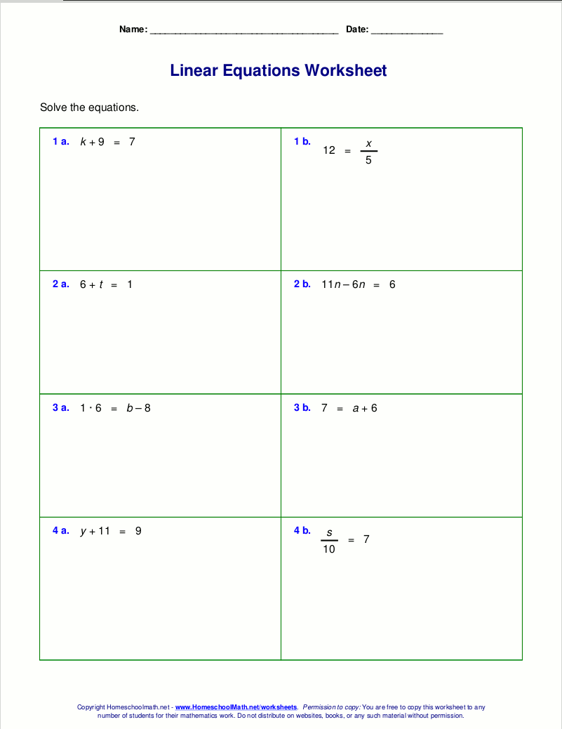 Free worksheets for linear equations (grades 6-9, pre-algebra ...